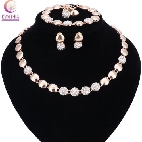 Women African Beads Jewelry Sets Crystal Necklace Earring Ring Bracelet Jewelries Set Gold Color Statement Accessories 2 Colors