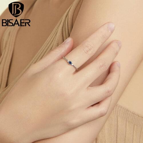 BISAER Blue Zircon Rings 925 Sterling Silver Stackable Zirconia Finger Ring For Women Wedding Luxury Jewelry Gift ECR693