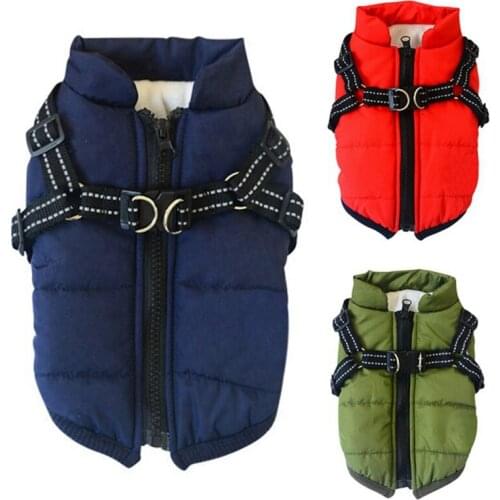 Winter Dog Clothes Warm Windproof Jacket Outdoor Skiing Costume Coat With Durable Chest Strap Harness For Puppy Dog Pet Clothing