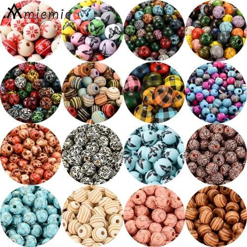 Christmas New Beads 10Pcs DIY Snowflake Printed Wooden Ronud Beads Custom Fashion Crafts Kid Toy Jewelry Bracelet Accessories