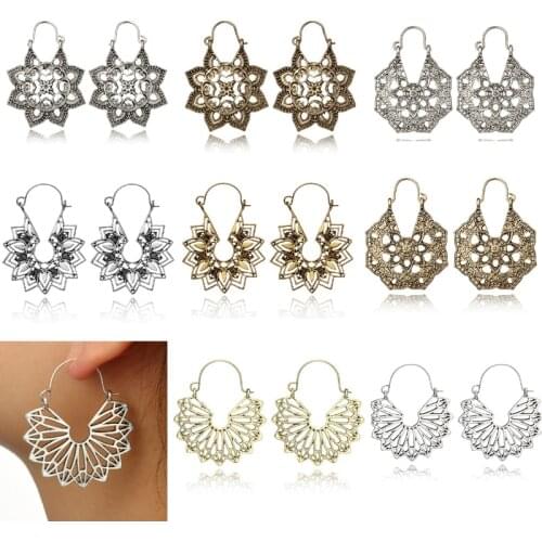 Antique Boho Hollow-out Gypsy Earrings Ethnic Tribal Aztec Hippy Boho Dangle Statement Earring With Big Hook Wedding Jewelry