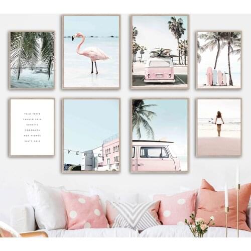 Car Surfboard Beach Flamingo Coconut Tree Wall Art Canvas Painting Nordic Posters And Prints Wall Pictures For Living Room Decor