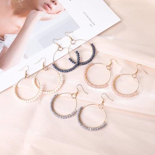 Boho Big Hoop Handmade Beaded Earrings Gold Hook Charm Jewelry for Women Gold Line Winding Glass Bead Long Section Drop Earring