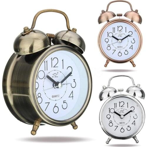 Copper Gold/Silver/Black Retro Ringing Alarm Clock Classic Silent Double Bells Quartz Movement Bedside Table Desktop Decoration