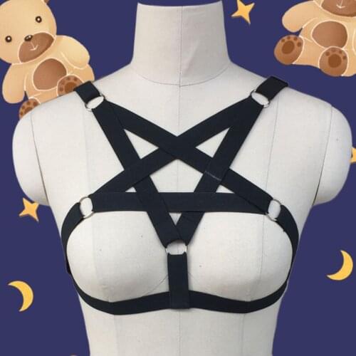 Black white Woman Pentagram Punk Style elastic Harness Bra Belts Sexy Lingerie Body Bondage Caged Bralette Gothic Bra Garters