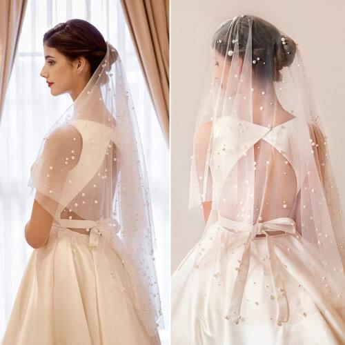 OLOMLB V02 Fingertip Wedding Veils Soft Pearl Bridal Veils Two-layer Tulle Veils White Ivory Bride Veils Wedding Accessories