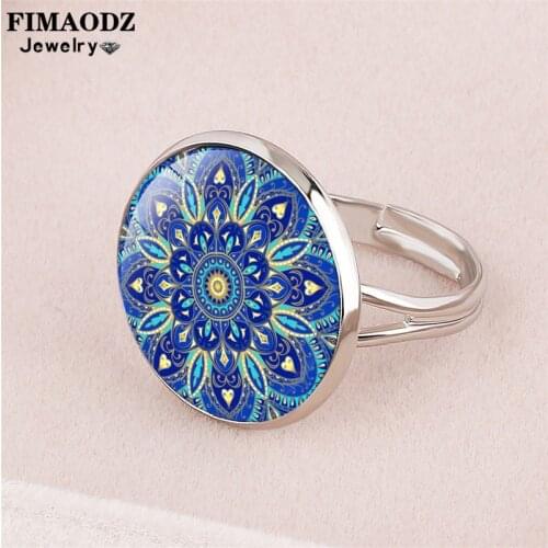 FIMAODZ Charm Mandala Art Picture Rings for Women Henna Yoga Om Symbol Zen Buddhism Vintage Flower Adjustable Ring