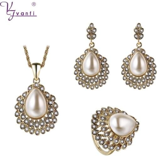 Kfvanfi imitation pearl gold water drop jewelry sets for women rhinestones zinc alloy wedding bridal engagement jewellery women