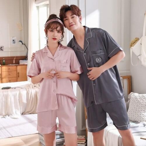 FZSLCYIYI Summer New Fashion Matching Couple Pajama Sets Imitated Silk Fabric Pyjama Suit Nightwear Lovers' Lingerie Tops+Shorts