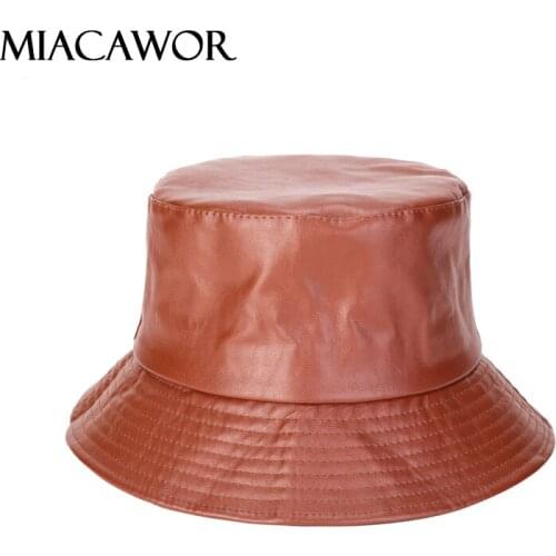 MIACAWOR Hip Hop PU Leather Bucket Hat Women Street Men Hats bob Vintage Waterproof Black Fisherman Cap M22