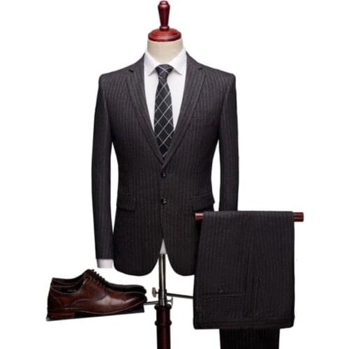 Latest Coat Pant Designs High Quality Striped Casual Gray suits Men Business Wedding Groom Mens Suits with Pants Costume Homme