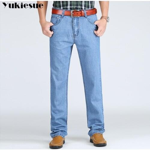 2019 Summer New Mens Thin Light Jeans Business Casual Stretch Slim Denim Jeans Light Blue Trousers Male Brand Pants Plus Size