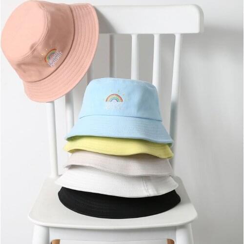 Women Girl Preppy Style Flat Top Bucket Hat Rainbow Letters Embroidery Candy Color Harajuku Hip Hop Student Summer Fisherman Cap