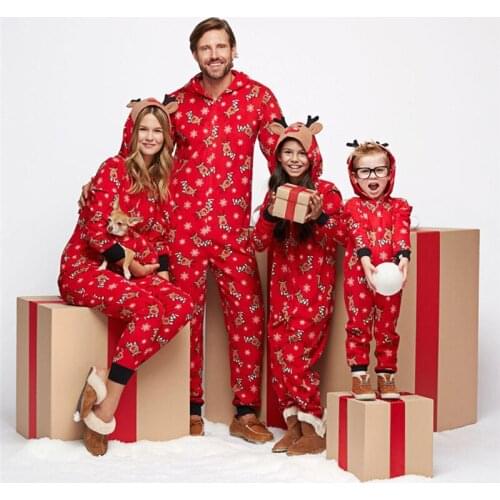 Winter Xmas Family Matching Outfits Christmas Pajamas Set Hooded Reindeer Print Jumpsuit Fashion Casual Outfit Zip Nightwear