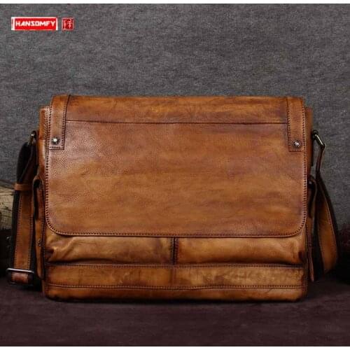 Retro Leather Mens Shoulder Messenger Bag Business Briefcase Large Capacity Laptop Bags First Layer Leather Handmade Male Soft