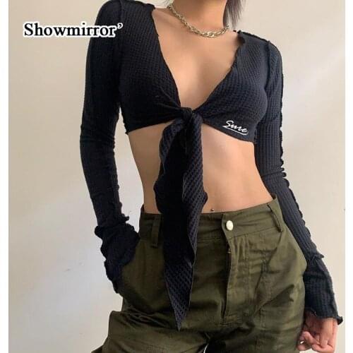 Showmirror Casual Front Lace Up Crop Top Tshirt Women Fashion Korean Autumn Long Sleeve T Shirt Embroidery Basic T-shirts