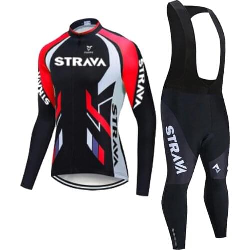 STRAVA-Mens Professional Cycling Clothing Set Long Sleeve Jersey and Bib Pants Uniform for Mountain Biking, 2021