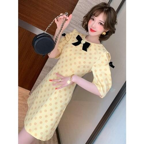 Top Quality Contrast DOT BOW TIE Vintage bubble sleeve round neck dress summer new
