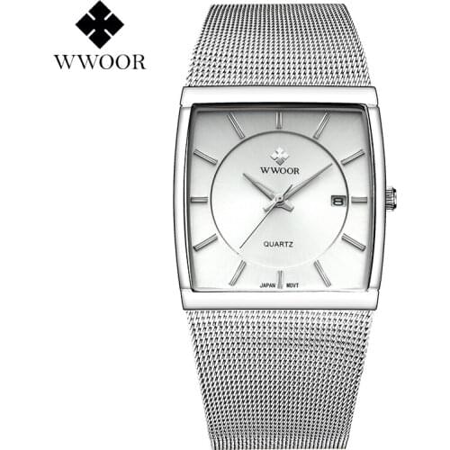 WWOOR Mens Watches Luminous Function Date Display Mesh band Fashion Casual Analog Quartz Wristwatch relogio masculino