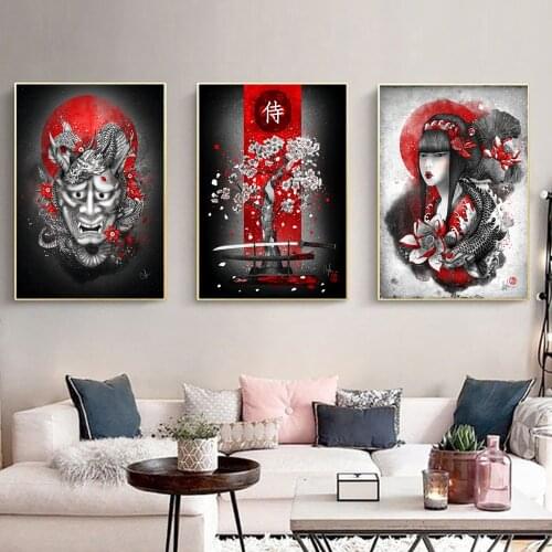 Japanese Geisha and Yin Yang Fish Art Painting Diamond Mosaic Wall Painting, Diamond Painting Living Room Decoration Painting