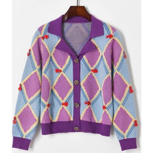Contrast Color Jacquard Knitted Cardigan Crop Top 2021 Hollow Out Argyle Notched Collar Crystal Heart Buttons Short Knit Jacket