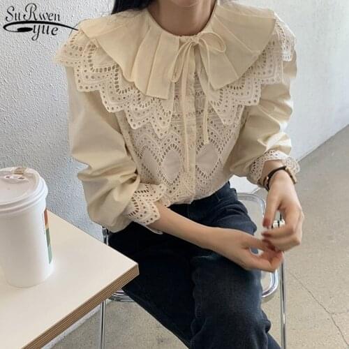 Sweet Hollow Out Lace Shirts Women Embroidery Peter Pan Collar Spring and Autumn Cotton Long Sleeve Womens Lace Blouse 12717
