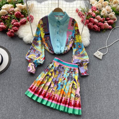 Bohemian Fashion Women Long Sleeve Turn-down Collar Printed Bright Casual Shirts+Pleated Skirt 2 Piece Set Female Clothing Suit