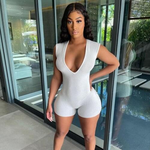 BKLD Summer Playsuit 2021 New Deep V-Neck Sleeveless Sexy Party Clubwear Romper Shorts Women White Outfit Overalls Solid Color