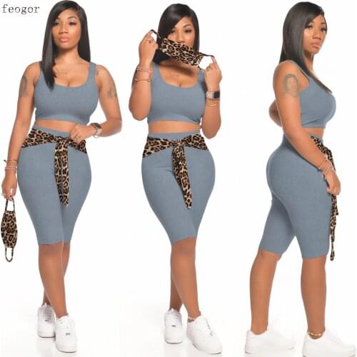 Urban Casual Streetwear Two-piece suit Womens Vest Shorts Knitted Stripe Leopard Print Casual Sets Womens Clothing 2021 Autumn
