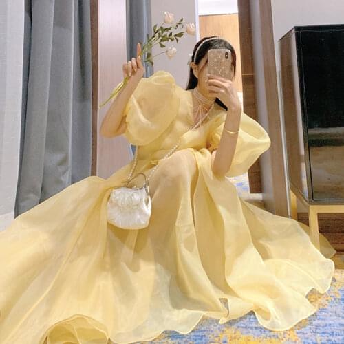 Women‘s French Retro Sweet Dress Puff Sleeve Elegant Fairy Midi Dress Female Tale Cute Hepburn Party Korean Dress Summer 2021