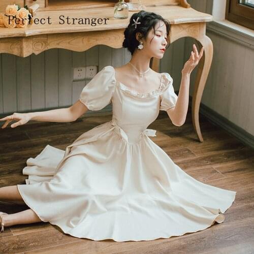 2021 Summer New Arrival Vintage Hot Sale Square Collar Short Sleeve Solid Color Bowknot Women Chiffon Long Formal Dress
