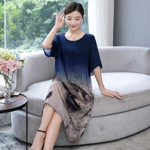 New 2020 Summer Women Dress Loose Plus Size Ladies Print Imitate Silk Dress High Quality Female Vintage Party Robe Vestidos