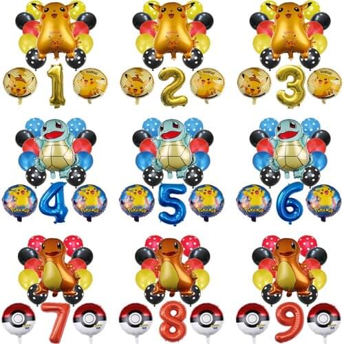 14pcs Pokemon series Pikachu Jenny Turtle Aluminum balloon Children number balloons Birthday party decoration Balloon set