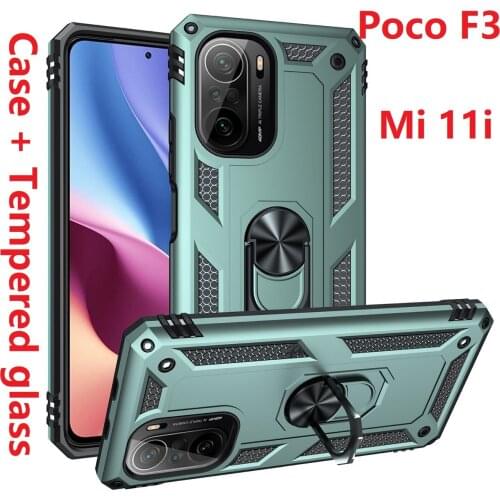 Armor For Xiaomi Poco F3 Hard Case + Tempered glass Car Holder Stand Magnetic Ring Mi 11i Cover