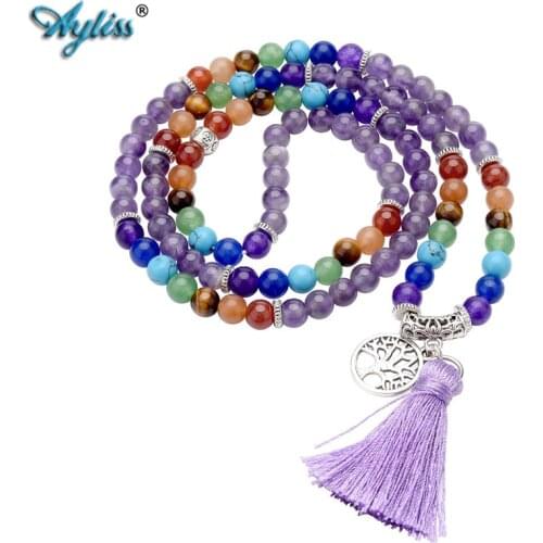 Ayliss 6mm Bead Bracelets Natural 7 Chakra Healing Crystal Stone Buddhist Prayer Tibetan Mala 108 Beads Tassel Bracelet Necklace