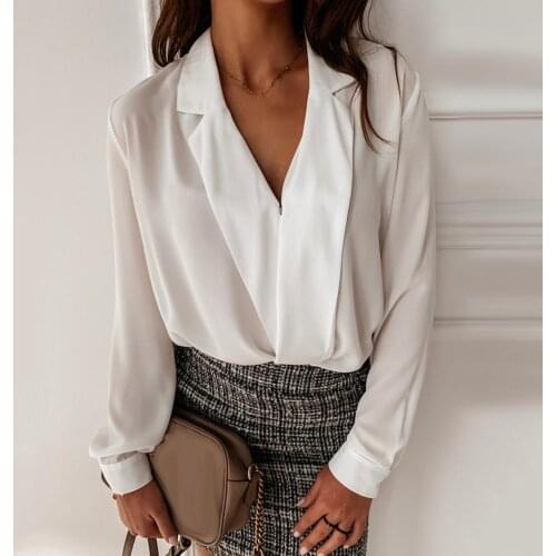 Women Solid Color V Neck Long Sleeve Cross Wrapped Blouse Loose Office Shirt Ladies Shirt Female Casual Elegant Shirt