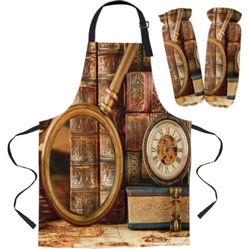 Clock Retro Map Book Apron Kitchen Household Cleaning Pinafore Barber Apron Cooking Accessories Aprons for Woman