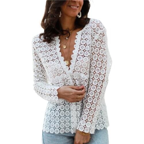 Elegant Women Floral Lace Blouse Tops Long Sleeve Deep V Neck Solid Color Loose Crochet T-Shirts Ladies Sexy See Through Tops