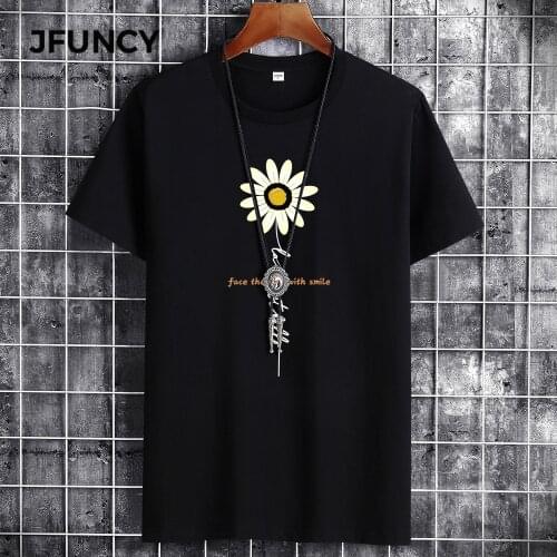 JFUNCY 2021 Summer Cotton Man T-Shirt Tops New Street Flowers Printing Short Sleeve T-Shirts Loose Men Clothes Tshirt