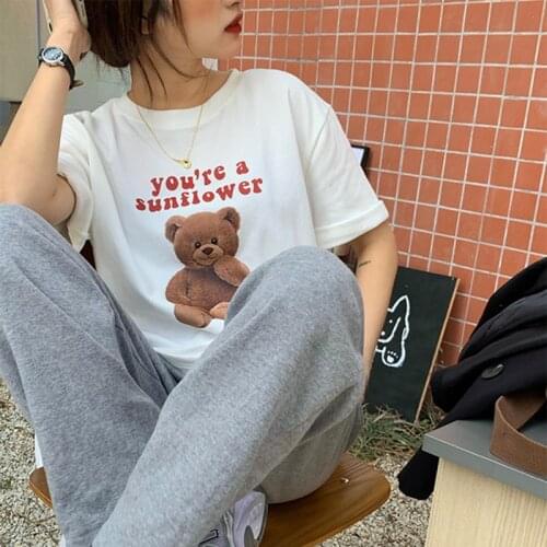 Harajuku Cute Bear Printed T Shirt Women Korean Style 2021 Summer Cotton Loose Clothes Tops Couple Casual Short Sleeve Tee Shirt