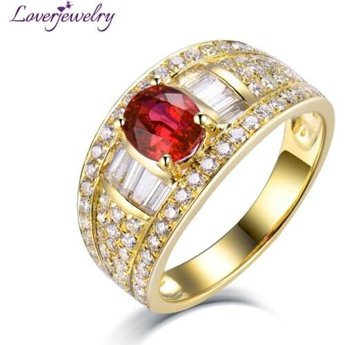 LOVERJEWELRY Women Ruby Rings Real 18Kt Yellow Gold 100% Genuine Diamonds Natural Ruby Ring For Female Party Christmas Gifts