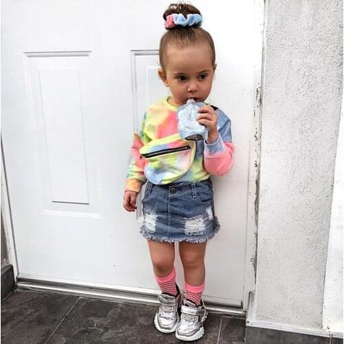 Toddler Kid Babyg Girls Printed Two Piece Set Fashion Tie-dye Long Sleeve Top and Button Ripped Denim Short Skirt
