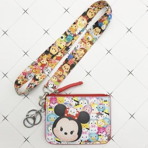 Disney Mickey mouse PU coin purse card holder keychain key lanyard meal card bus card case coin bag Stitch Document card bag