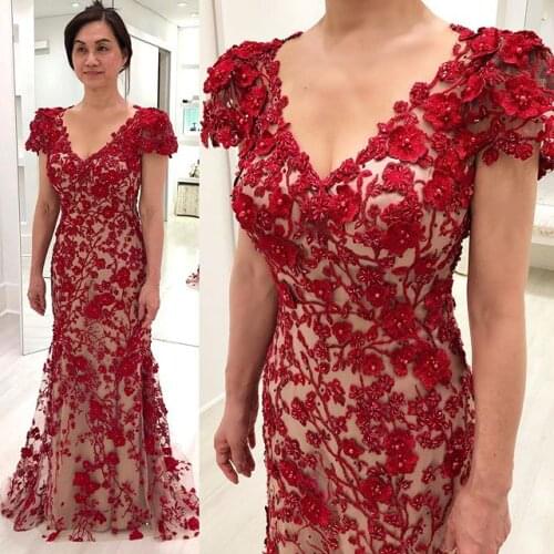 Red Mother Of The Bride Dresses Pearls Appliqued Short Sleeves Mermaid Wedding Guest Gowns Custom Made Mother Dress Plus Size