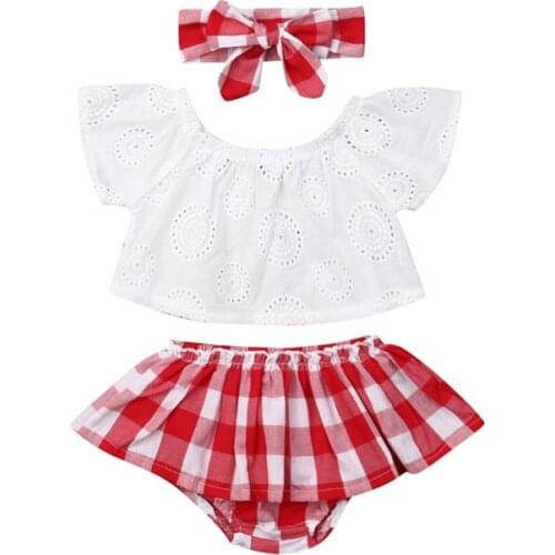 Newborn Baby Girl 0-24M Summer Outfit Lace Off Shoulder Tops+ Ruffles Red Plaids Tutu Shorts+Headband 3PCS Clothes Set