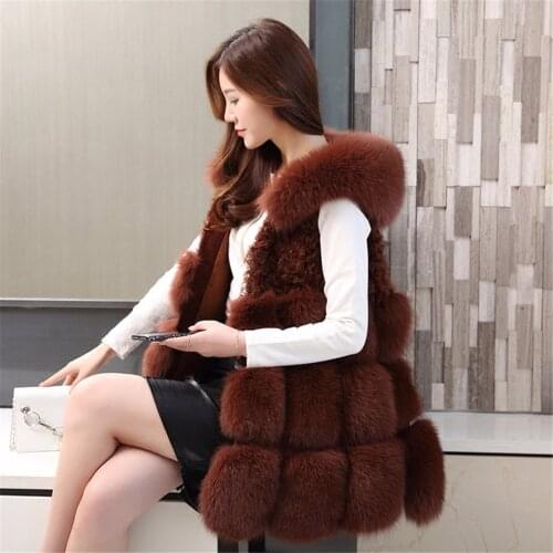 Fashion Winter Hooded Real Fox Fur Vests With Big Fox Fur Hood Fur Gilets Grey Genuine Leather Natural Real Long fox fur vests
