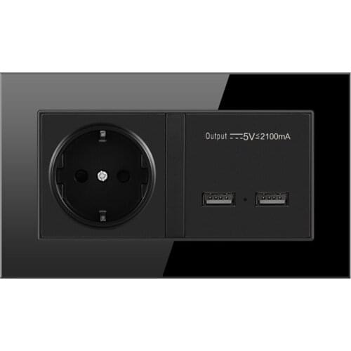 Black Wall Socket 16A EU Standard Power Outlet With Dual USB Smart Charger Port For Mobile 5V 2100mA Output Tempered Glass Panel