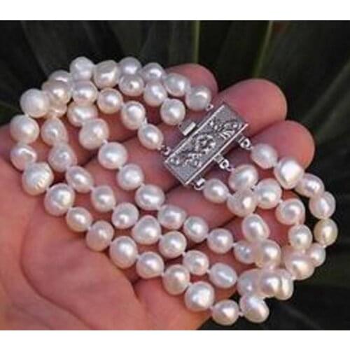 Charming 3Rows white Cultured Akoya Cultured Pearl Bracelet 7.5"