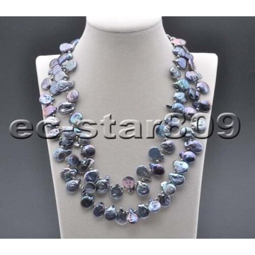 P6307 38" 14mm Black Coin Baroque Freshwater Pearl Necklace Choker