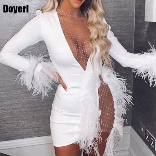 Feather Sexy Party Club Dress Women Long Sleeve Mesh Patchwork Elegant Evening Bodycon Short Dress Winter Autumn Mini Dress